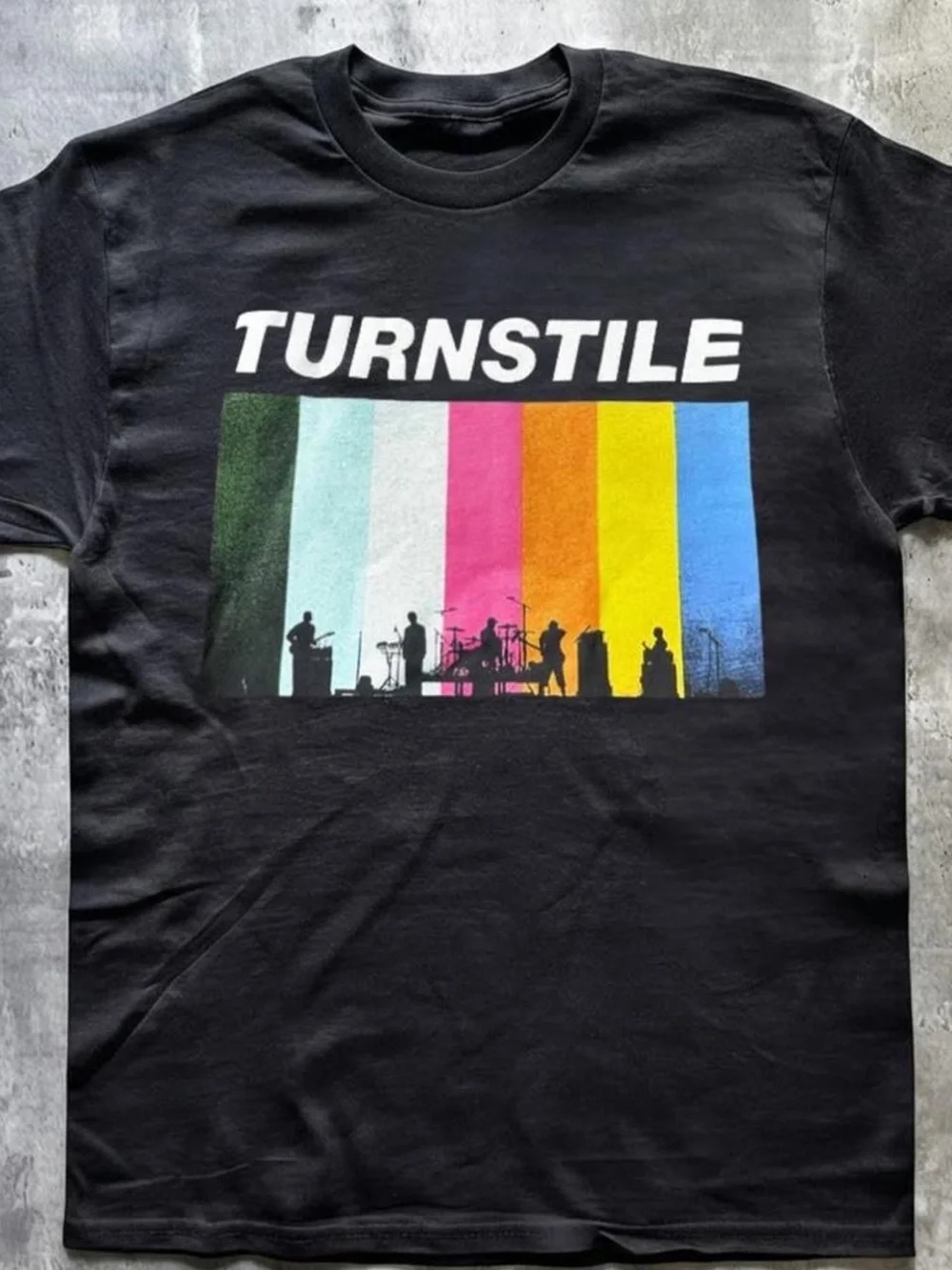 Gildan Black Turnstile Band Tee with Multicolor Vertical Bars